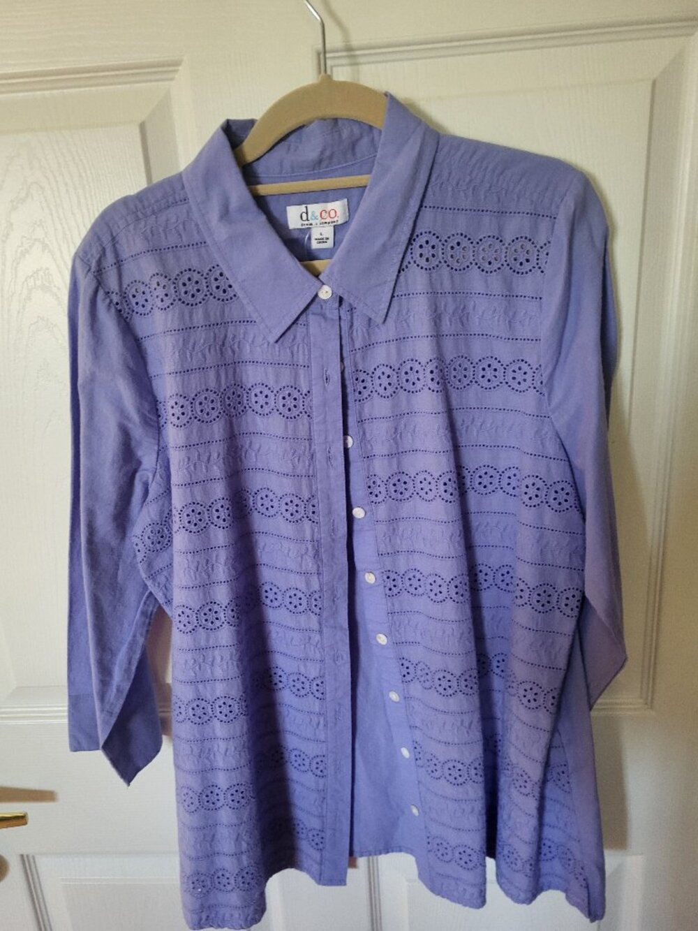 Denim & Co. Lavender Eyelet Button-Front Blouse - 3/4 Sleeves (Size Large) (NWT)